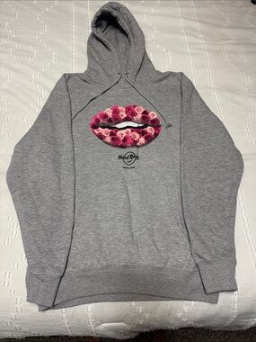 Hard Rock Cafe Gray Hoodie size Medium with Pink Floral Lips Graphic